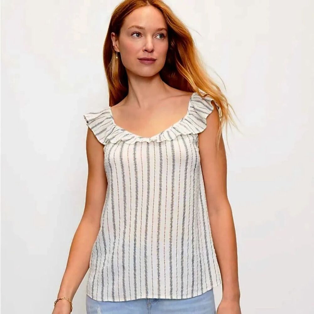 Ann Taylor LOFT Women's Shimmer Stripe Shell Top Ruffle Sleeve Shirt Size Small